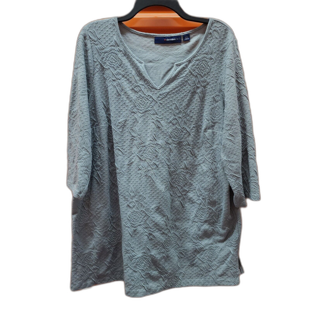 Denim 24/7 Plus Size 2X (18/20) Gray Embossed Floral Knit V-Neck Top